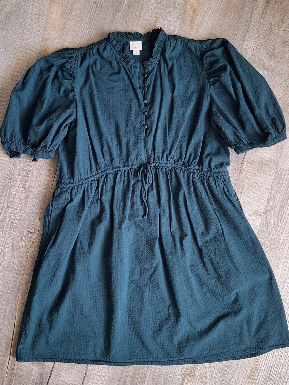 A New Day Green Textured Puff Sleeve Mini Dress